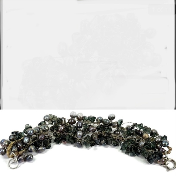 Vintage brutalist woven gray baroque pearls & smokey quartz chips wire bracelet - Picture 7 of 11